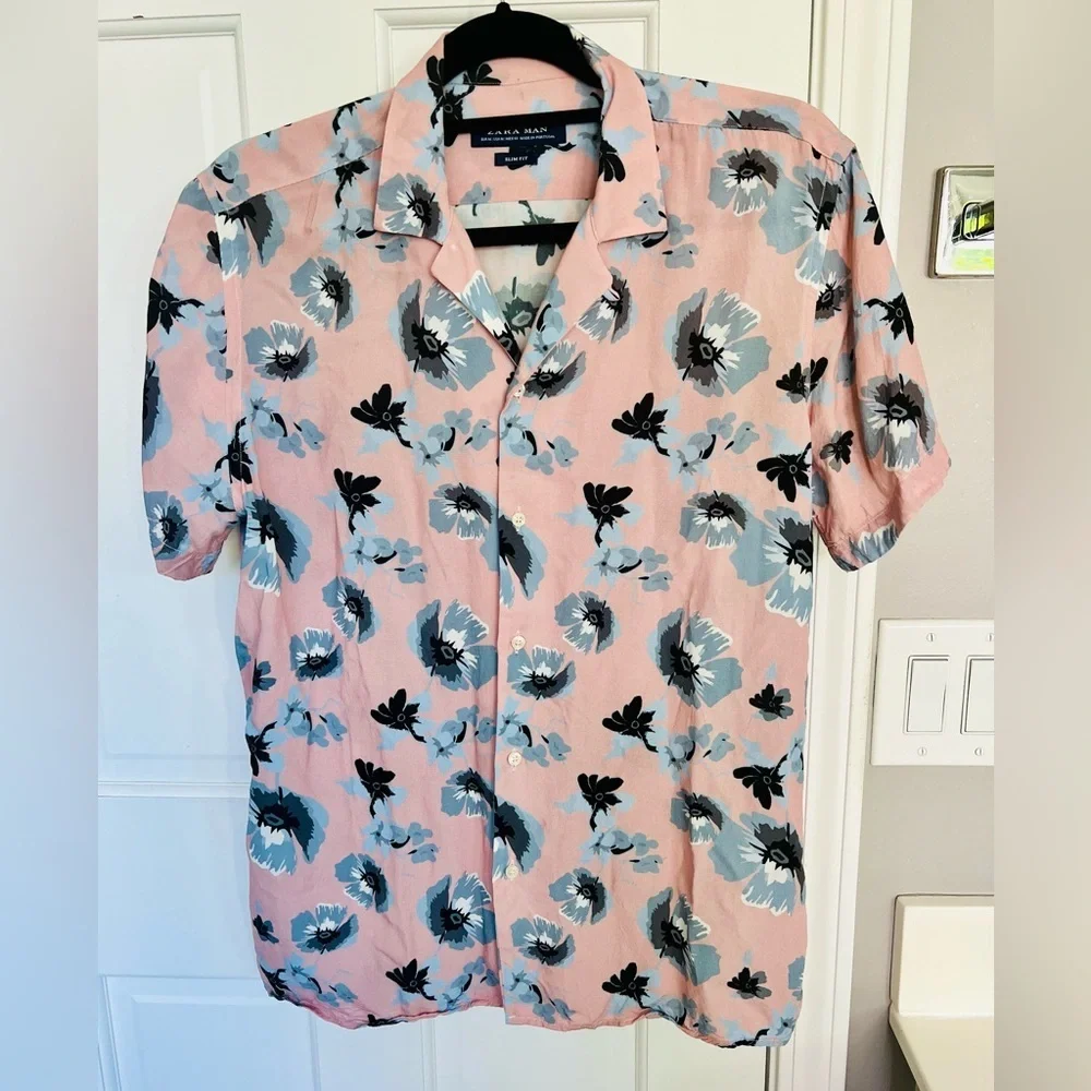 Zara Man Slim Fit Grey Pink Floral Button Down